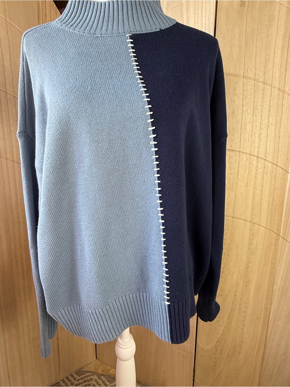 Peace Love World Womens L Blue Colorblock Sweater Mock Neck Whipstitch Oversized